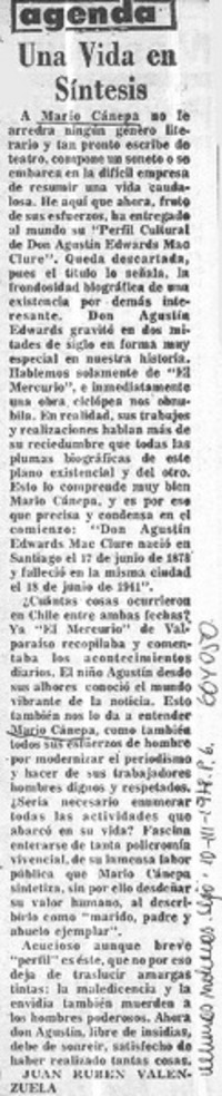 Una vida en síntesis  [artículo] Juan Rubén Valenzuela.