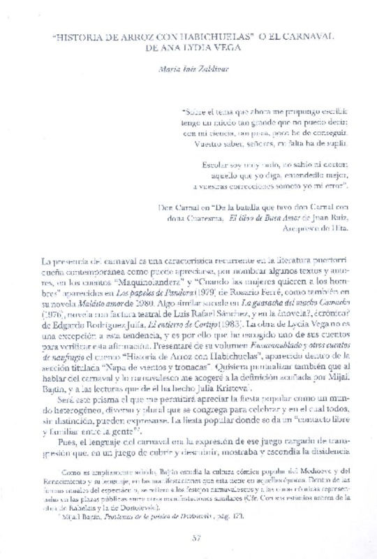 "Historia de Arroz con habichuelas" o El Carnaval [artículo] / María Inés Zaldívar.