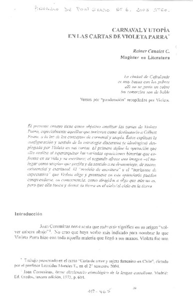 Carnaval y utopía en las cartas de Violeta Parra  [artículo]Reiner Canales C.