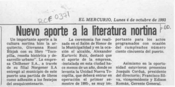Nuevo aporte a la literatura nortina  [artículo].