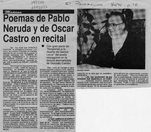 Poemas de Pablo Neruda y Oscar Castro en recital  [artículo].