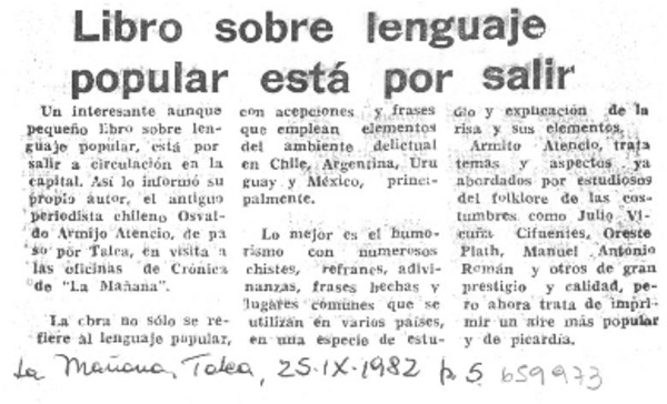 Libro sobre lenguaje popular está por salir.