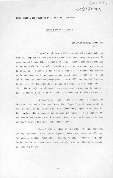 Lagar, dolor y soledad  [artículo] Ana Julia Ramírez Arancibia.