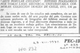 "Arte popular chileno", estudio folklórico por Tomás Lago.