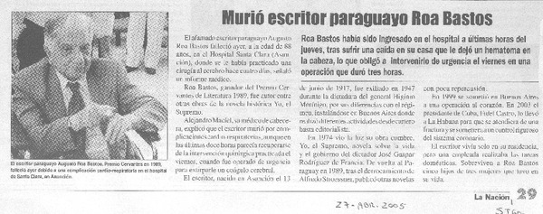 Murió escritor paraguayo Roa Bastos