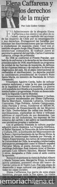 "Elena Caffarena y los derechos de la mujer", La Prensa Austral, (Punta Arenas), 30 de julio, 2003, p.7.