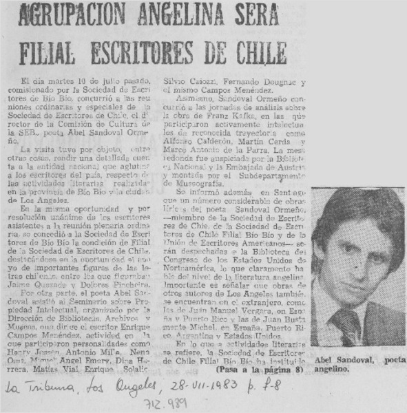 Agrupación angelina será filial escritores de Chile.