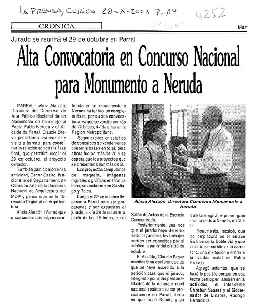 Alta convocatoria en Concurso Nacional para Monumento a Neruda