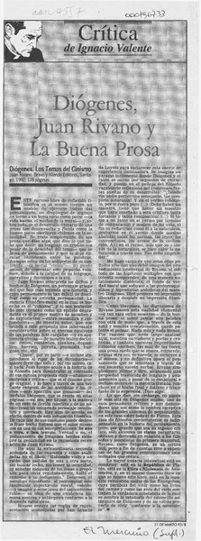 Diógenes, Juan Rivano y la buena prosa  [artículo] Ignacio Valente.