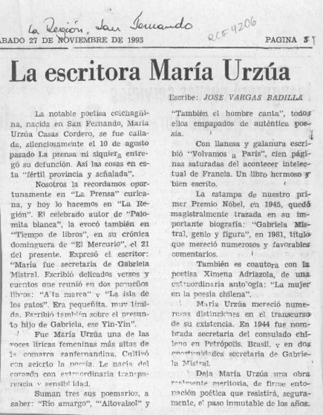 La escritora María Urzúa  [artículo] José Vargas Badilla.