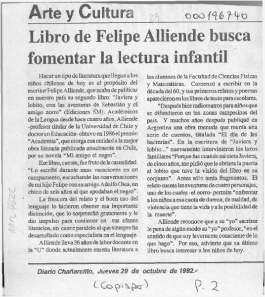 Libro de Felipe Alliende busca fomentar la lectura infantil  [artículo].