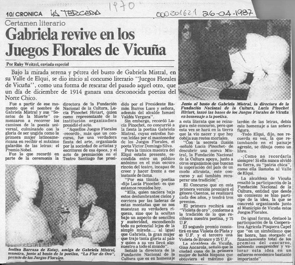 Gabriela revive en los juegos florales de Vicuña  [artículo] Ruby Weitzel.