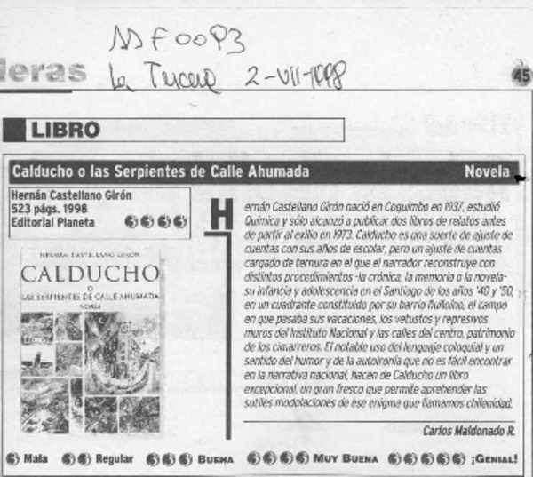 Calducho o las serpientes de calle Ahumada  [artículo] Carlos Maldonado R.