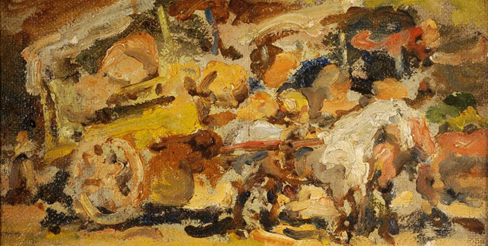 Detalle obra de Juan Francisco González. Carretelas de La Vega. Óleo sobre tela. 32x41cm