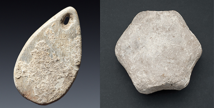 Pendiente, lito geométrico y  cuentas de collar