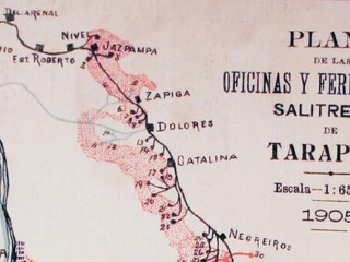 Sin autor. Plano de las oficinas y ferrocarriles salitreros de Tarapacá.  Tarapacá, 1905.