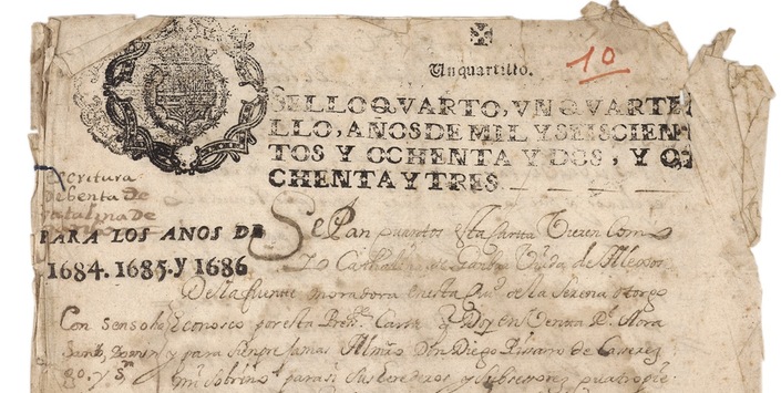 Fragmento de la primera foja de expediente relativo a la venta de esclavos de Doña Catalina de Gamboa, 1687