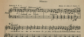 Partitura del Himno Patria Nueva. Música de Julio Guerra García (detalle)