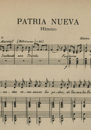 Partitura del Himno Patria Nueva. Música de Julio Guerra García (detalle)