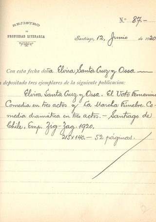 Registro de la obra "El Voto Femenino. La Marcha Fúnebre", de Elvira Santa Cruz