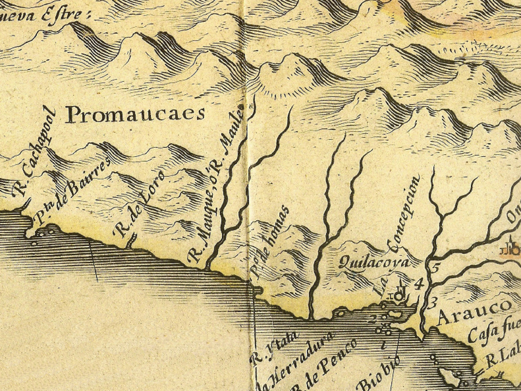 Mapa Chili, Guiljelmus Blaeuw, 1635. En: Libro "Thalcamo. Pueblos de indios del Maule"