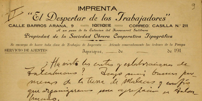 Correspondencia de Luis Emilio Recabarren a Alberto Martínez. Iquique, 1912-1915. Archivo Nacional. Fondos Varios, vol.1157. Foja 9.