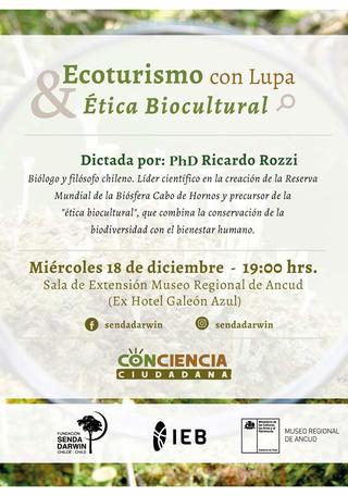 Afiche Ecoturismo con lupa y ética biobultural