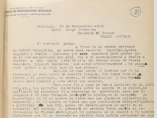 Carta de Carlos Lavín a Jorge Iribarren (30 de noviembre de 1948)