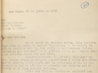 Carta de Oreste Plath a Jorge Iribarren (23 de junio de 1948)