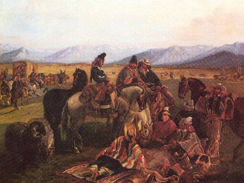 Rodeo de huasos maulinos, atribuido a Juan Mauricio Rugendas. Colección Memoria Chilena: MC0010936
