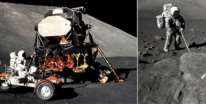 . La misión del APOLLO 17 alcanzó la superficie el 7 de diciembre 1972. A la izquierda, el módulo y el vehículo lunar. A la derecha, Harrison Schmitt tomando muestras geológicas en el sector Taurus-Littrow. Fotos NASA.