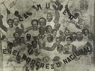 Recorte de La Mujer Nueva, periódico del MEMCH, donde aparece el telón pintado por Laura Rodig que será utilizado en la exposición Actividades Femeninas (1939). Fondo Elena Caffarena Morice. Archivo Mujeres y Géneros – ANH.