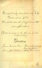 Directores y accionistas de la Compañía Constructora del Ferrocarril Trasandino Ltda. Presumiblemente 1901. 3 páginas. Archivo Nacional. ARNAD, Ministerio de Obras Públicas; v. 1392, s/f.