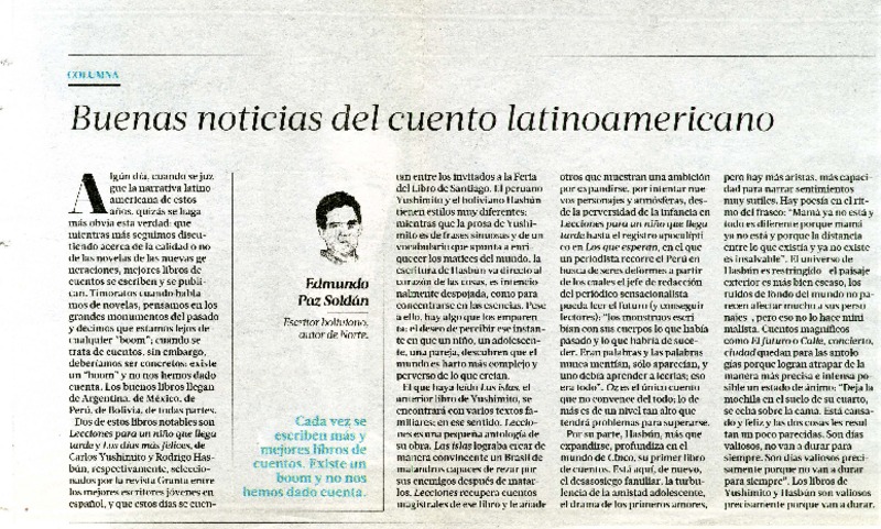 Buenas noticias del cuento letinoamericano  [artículo] Edmundo Paz Soldán.