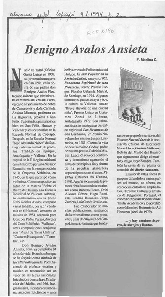 Benigno Avalos Ansieta  [artículo] F. Medina C.