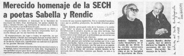 Merecido homenaje de la SECH a poetas Sabella y Rendic  [artículo].