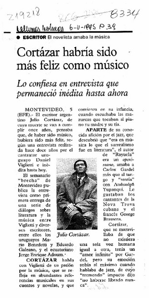 Cortázar habría sido más feliz como músico  [artículo].