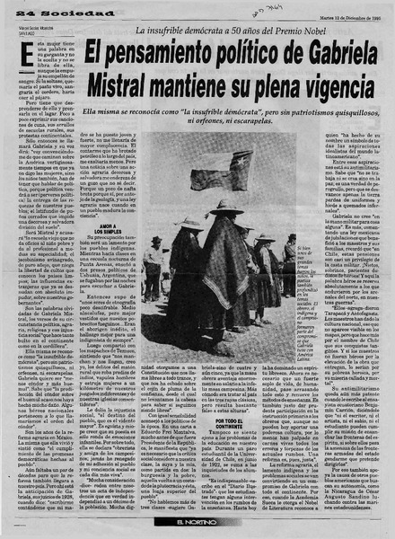 El pensamiento político de Gabriela Mistral mantiene su plena vigencia  [artículo] Marcel Socías Montofré.