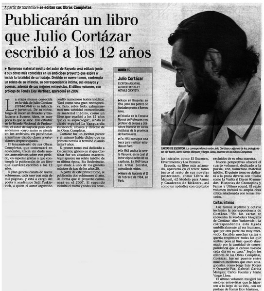Publicarán un libro que Cortázar, Julio Cortázar escribió a los 12 años.