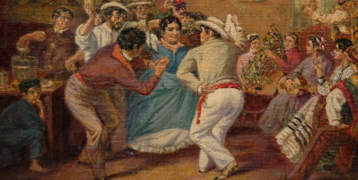 Manuel Antonio Caro. La Zamacueca. Óleo sobre tela, 30x40cm; De la colección Luis Álvarez Uquieta.  Ingresó a la colección en 1939.