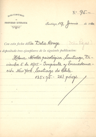 Registro de Propiedad Intelectual de la obra "Helena" de Delia Rojas