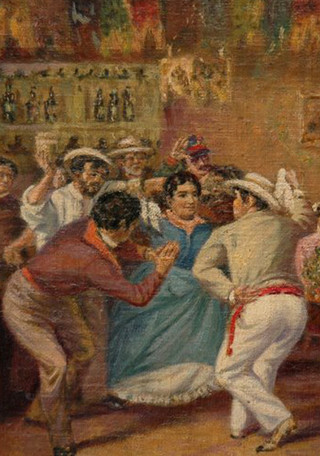 Manuel Antonio Caro. La Zamacueca. Óleo sobre tela, 30x40cm; De la colección Luis Álvarez Uquieta.  Ingresó a la colección en 1939.