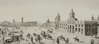 Dibujo de John Miers, litografía de Thomas Mann Baynese. Gran plaza de Santiago con diferentes trajes nacionales. Londres, 1826
