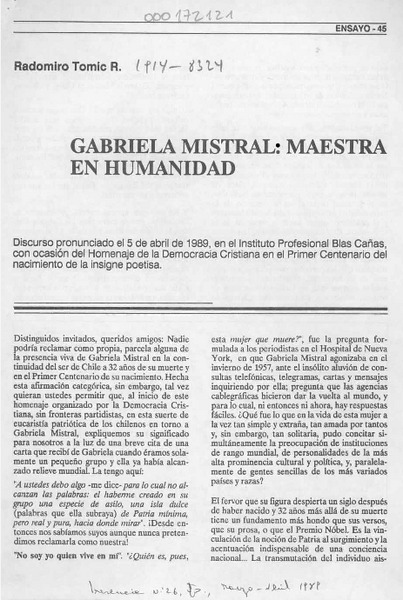 Gabriela Mistral, maestra en humanidad  [artículo] Radomiro Tomic R.