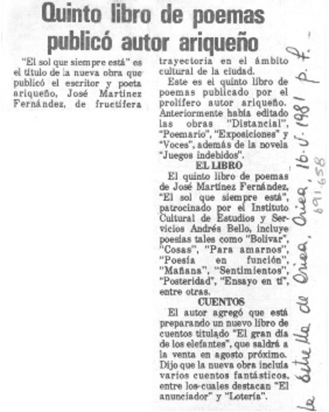 Quinto libro de poemas publicó autor ariqueño.