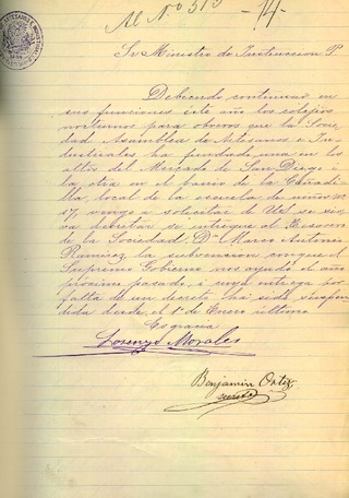 Morales, Lorenzo, presidente, y Ortiz, Benjamn, secretario, de la Sociedad Asamblea de Artesanos e Industriales. Al ministro de Instruccin Pblica: subvencin de escuelas nocturnas para obreros. Santiago, 1888. Oficio. 1 foja. Archivo Nacional. Ministerio de Educacin; v. 723, foja N 14. 1 pp.