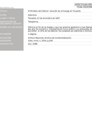 Alzerreca. Telgrafo al ministro del Interior: solucin de huelga en Tocopilla. 13 de diciembre de 1907. Archivo de la Administracin, Clan; mint; v. 3274, p. 156. 2 pp.