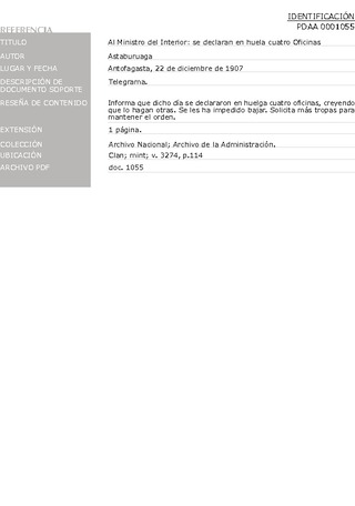 Astaburuaga. Al ministro del Interior: se declaran en huelga cuatro oficinas. Antofagasta, 22 de diciembre de 1907. Archivo de la Administracin, Clan; mint; v. 3274, p. 114. 2 pp.