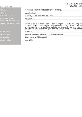 Larran, Alcalde. Al ministro del Interior: suspensin de metting. 27 de diciembre de 1907. Archivo de la Administracin, Clan; mint; v. 3274, p. 110. 2 pp.
