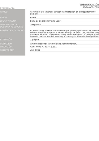 Videla. Al ministro del Interior: sofocar manifestacin en el departamento de Buin Archivo. Bun, 27 de diciembre de 1907. Archivo de la Administracin, Clan; int; v. 3274, p. 111. 2 pp.